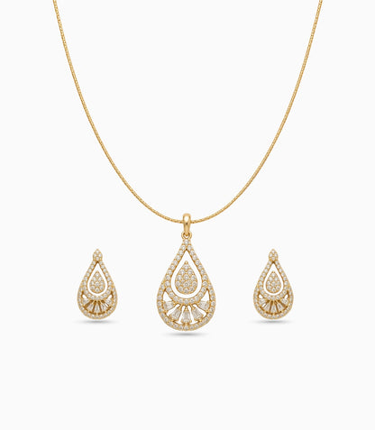 Gold Plated Delicate Art Deco CZ Chain Pendant Set