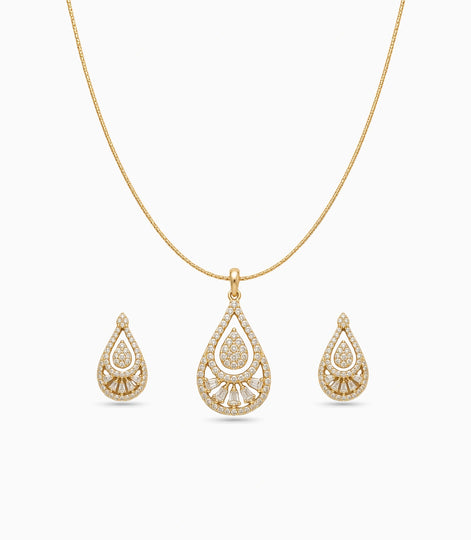 Gold Plated Delicate Art Deco CZ Chain Pendant Set