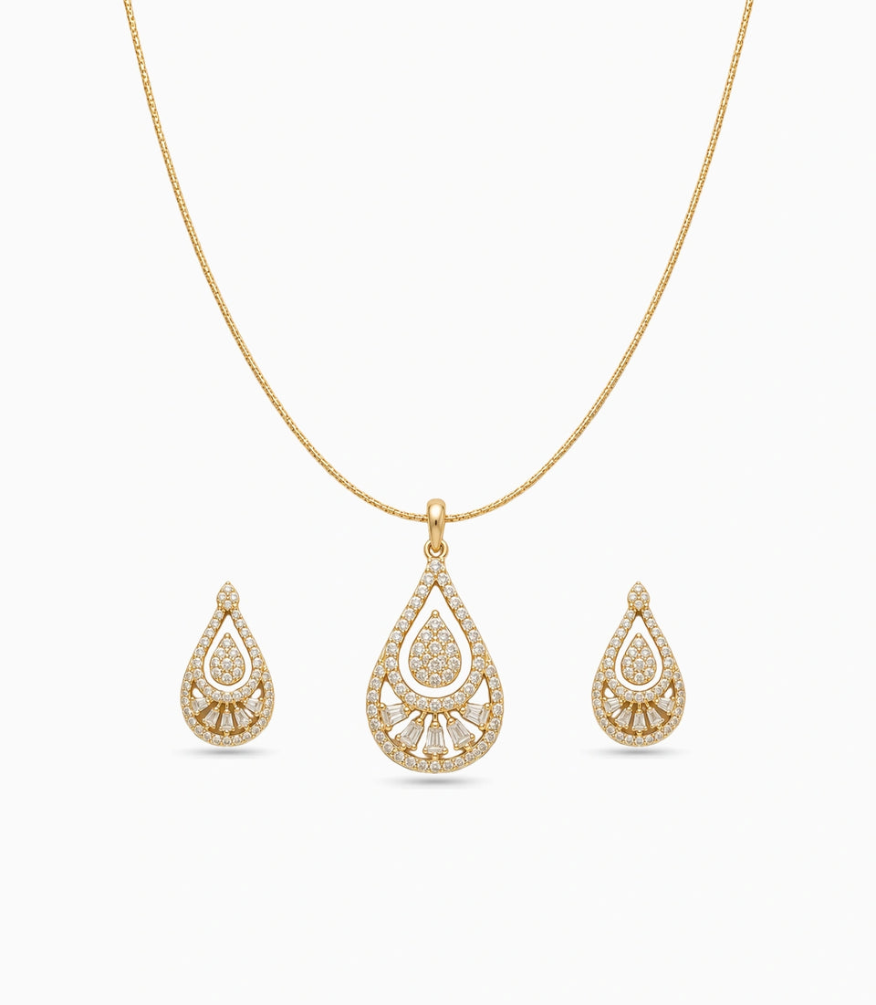 Gold Plated Delicate Art Deco CZ Chain Pendant Set