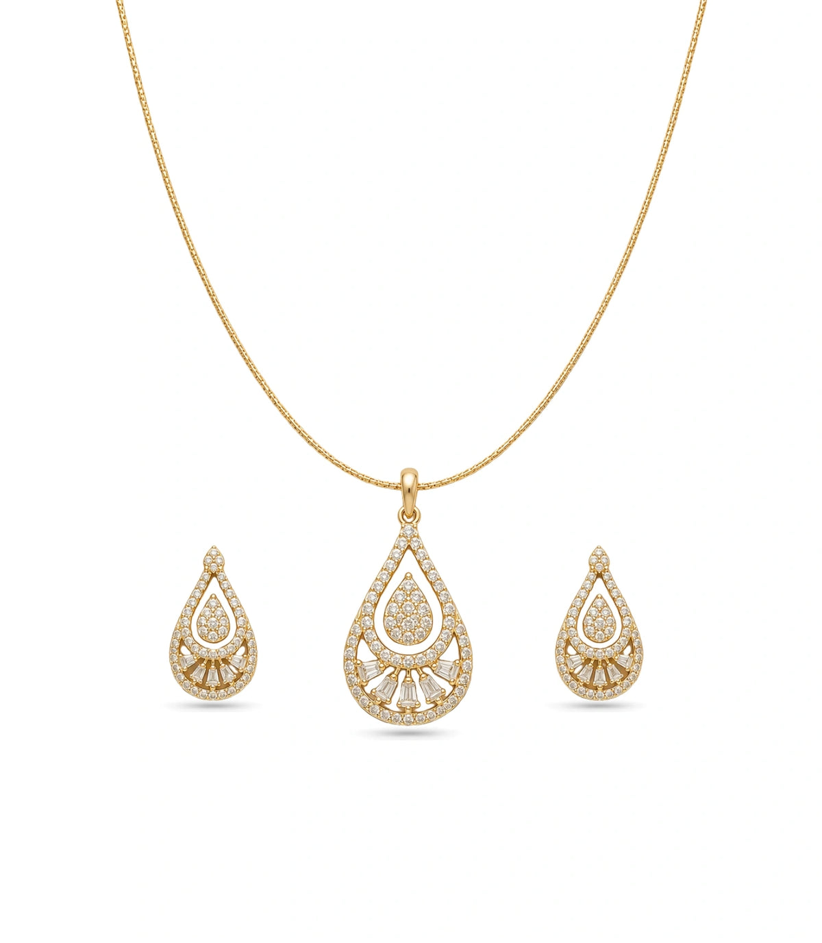Gold Plated Delicate Art Deco CZ Chain Pendant Set