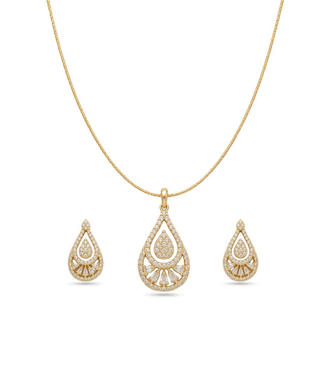 Gold Plated Delicate Art Deco CZ Chain Pendant Set