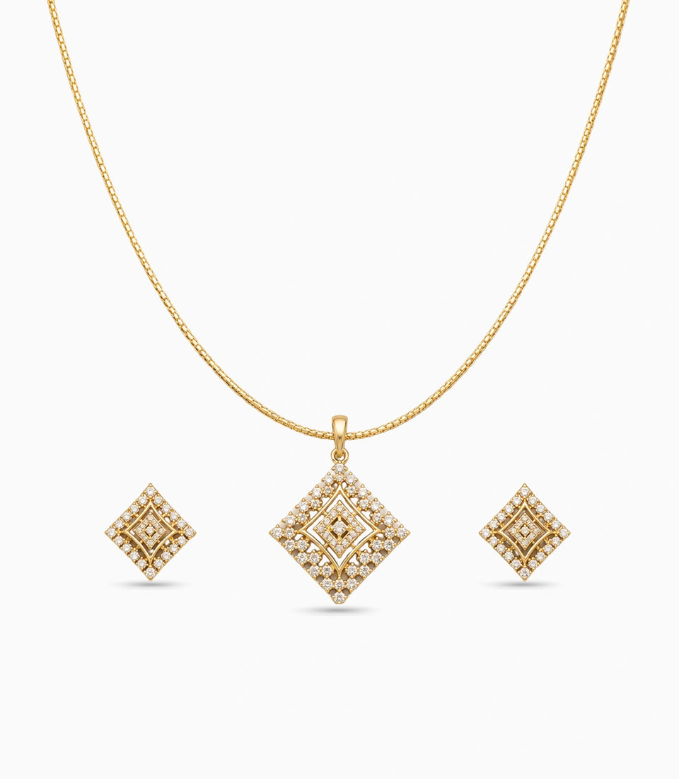Gold Plated Delicate Square CZ Chain Pendant Set