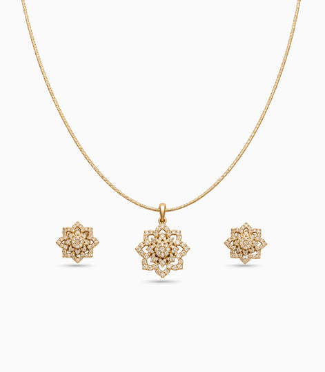 Gold Plated Delicate Flower CZ Chain Pendant Set