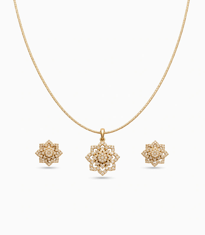 Gold Plated Delicate Flower CZ Chain Pendant Set
