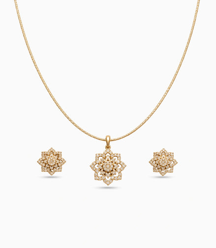 Gold Plated Delicate Flower CZ Chain Pendant Set