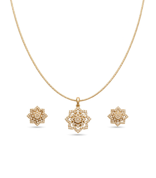 Gold Plated Delicate Flower CZ Chain Pendant Set