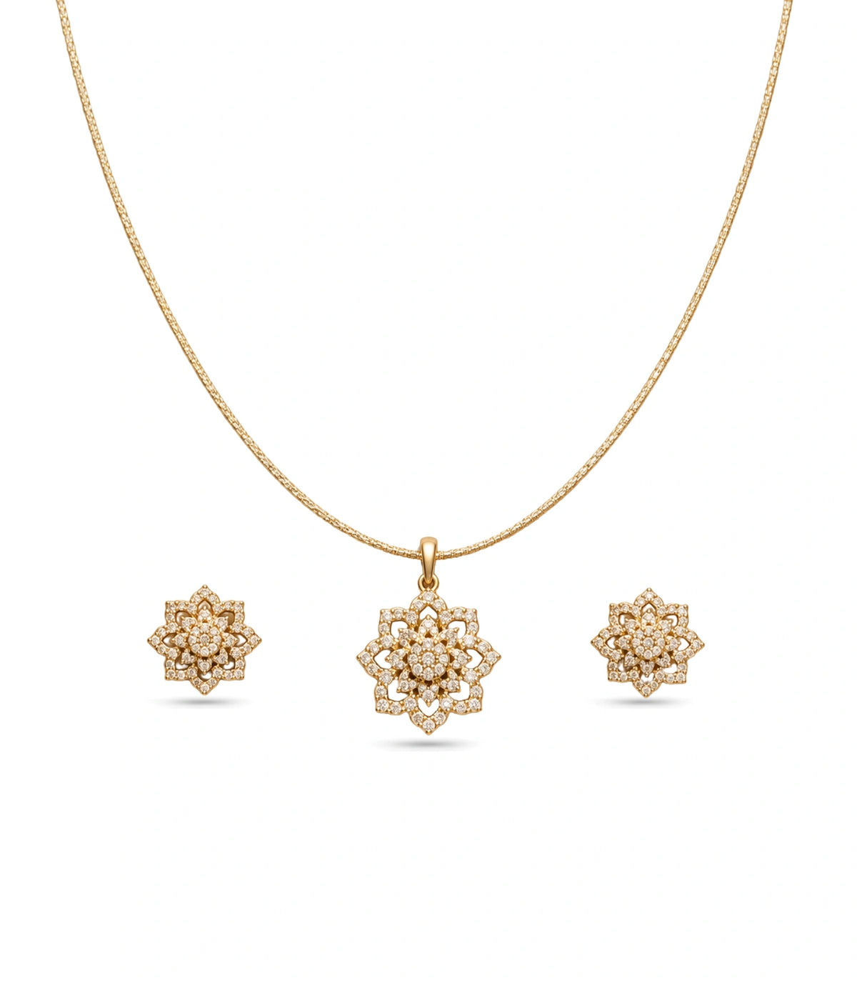 Gold Plated Delicate Flower CZ Chain Pendant Set