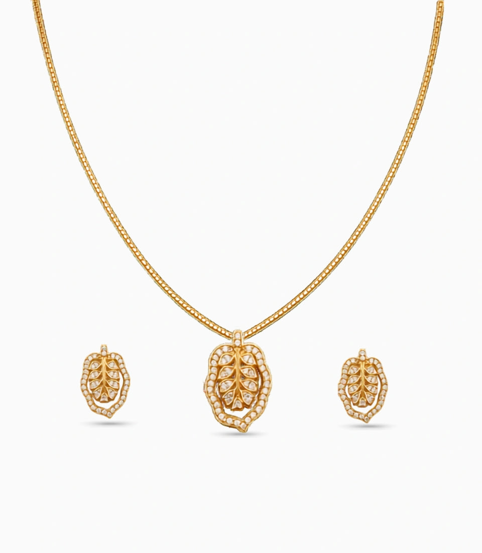 Gold Plated Delicate Leaf CZ Chain Pendant Set