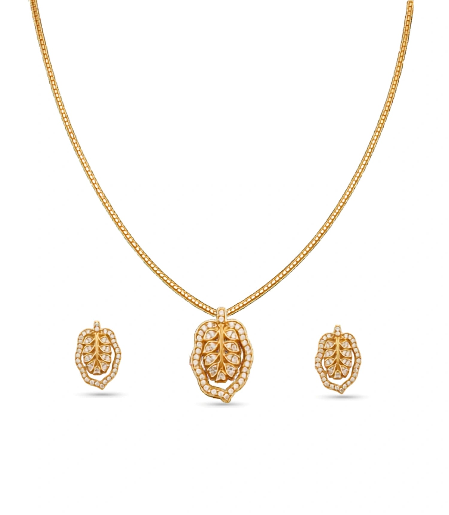 Gold Plated Delicate Leaf CZ Chain Pendant Set
