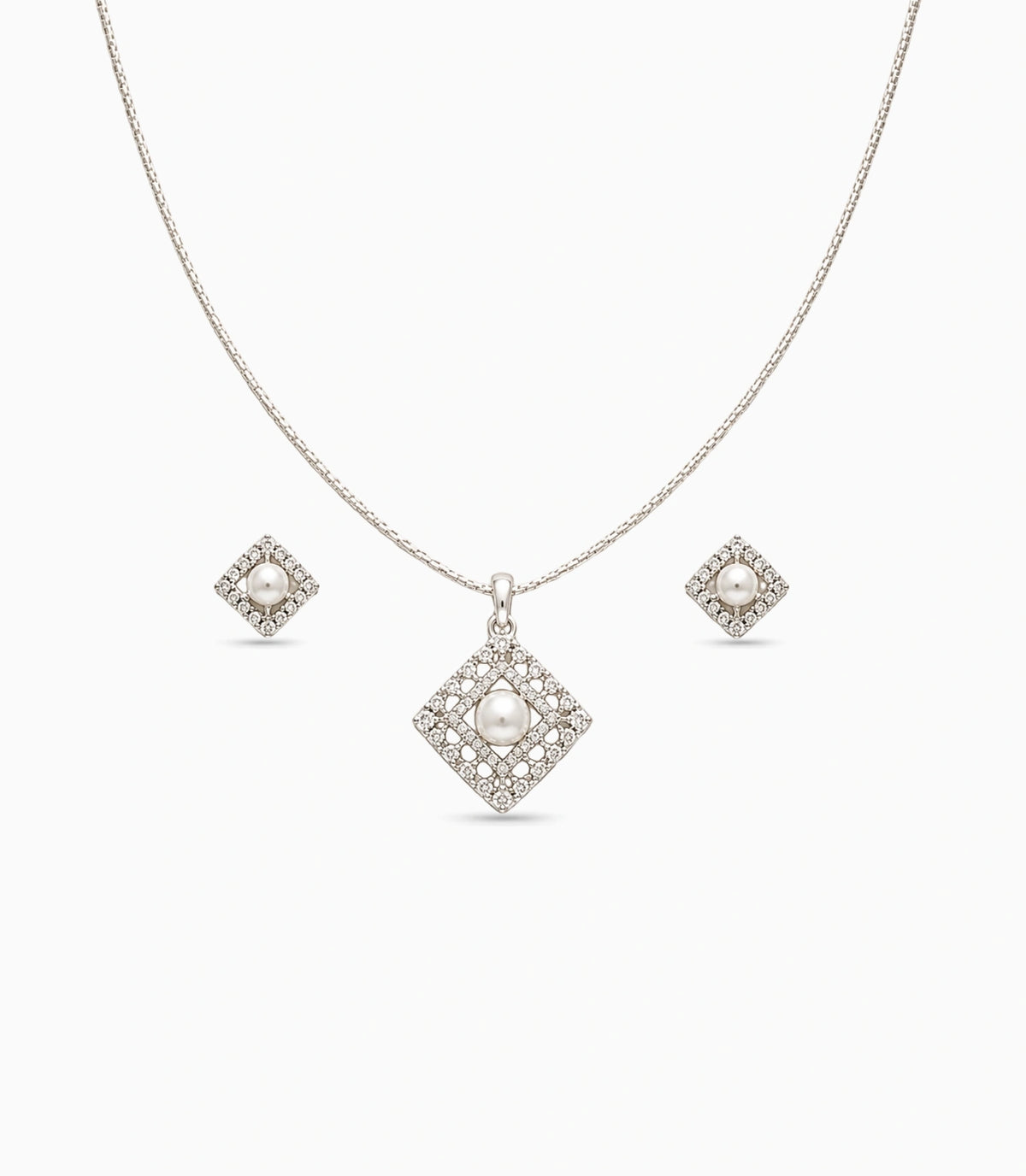 Rhodium Plated Delicate Pearl Square CZ Chain Pendant Set
