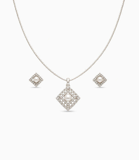 Rhodium Plated Delicate Pearl Square CZ Chain Pendant Set