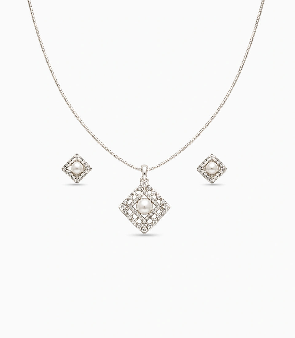 Rhodium Plated Delicate Pearl Square CZ Chain Pendant Set