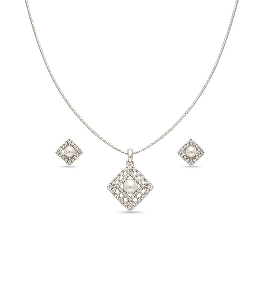 Rhodium Plated Delicate Pearl Square CZ Chain Pendant Set