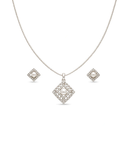 Rhodium Plated Delicate Pearl Square CZ Chain Pendant Set