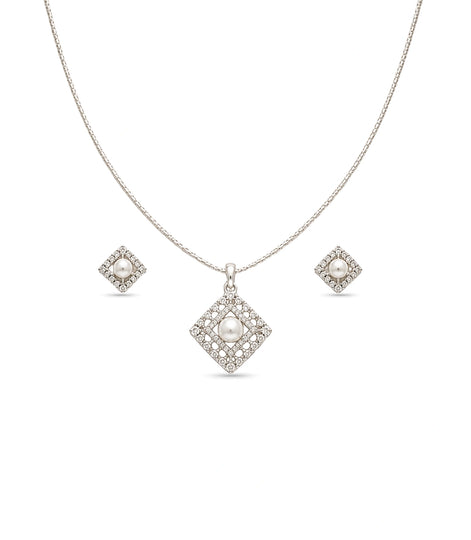 Rhodium Plated Delicate Pearl Square CZ Chain Pendant Set
