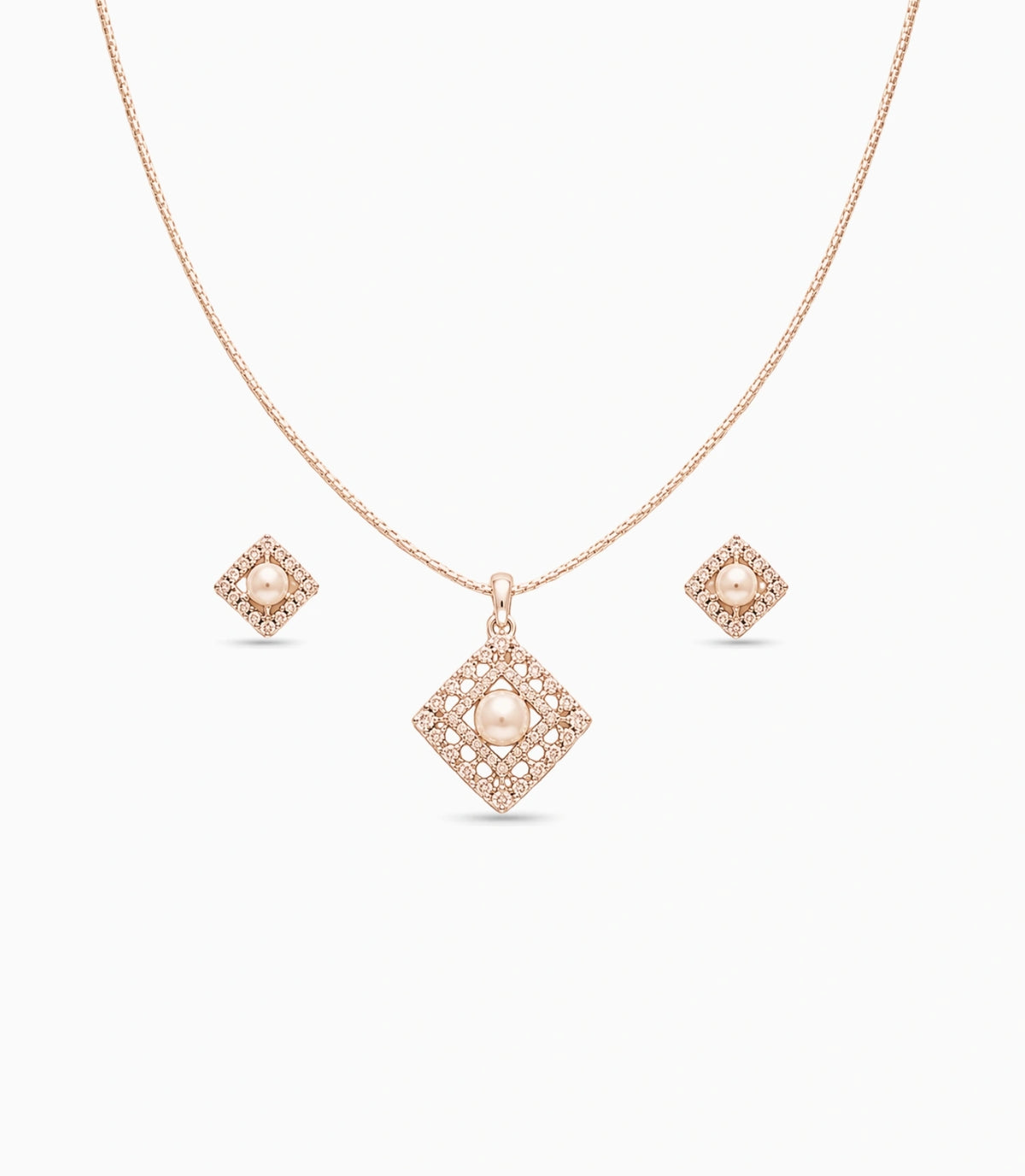 Rose Gold Plated Delicate Pearl Square CZ Chain Pendant Set