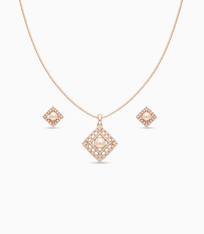 Rose Gold Plated Delicate Pearl Square CZ Chain Pendant Set