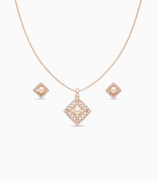 Rose Gold Plated Delicate Pearl Square CZ Chain Pendant Set
