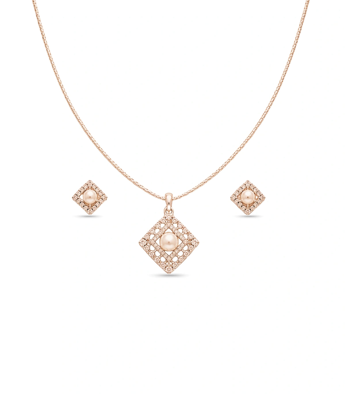 Rose Gold Plated Delicate Pearl Square CZ Chain Pendant Set