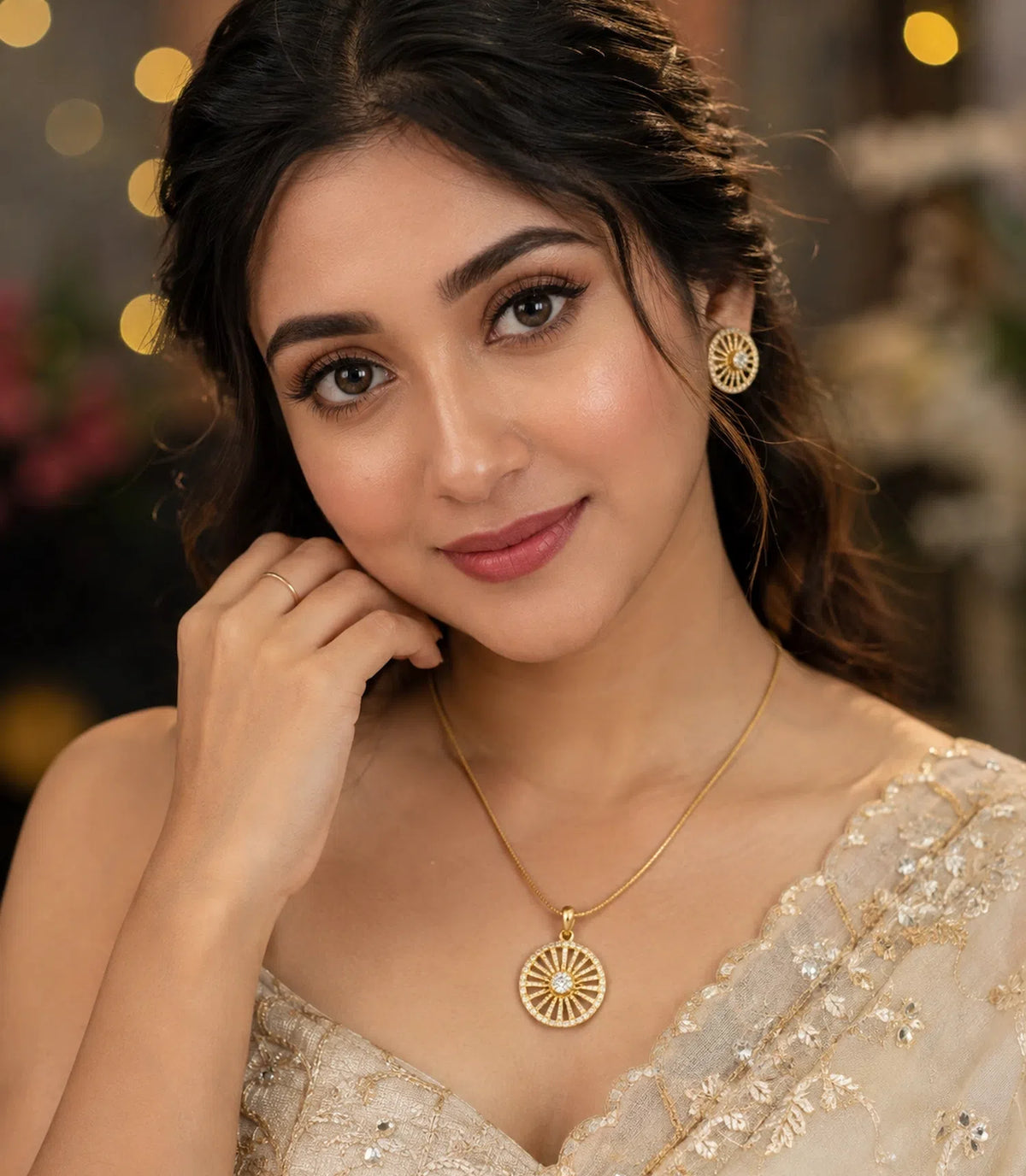 Gold Plated Delicate Round Star CZ Chain Pendant Set