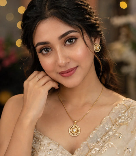 Gold Plated Delicate Round Star CZ Chain Pendant Set