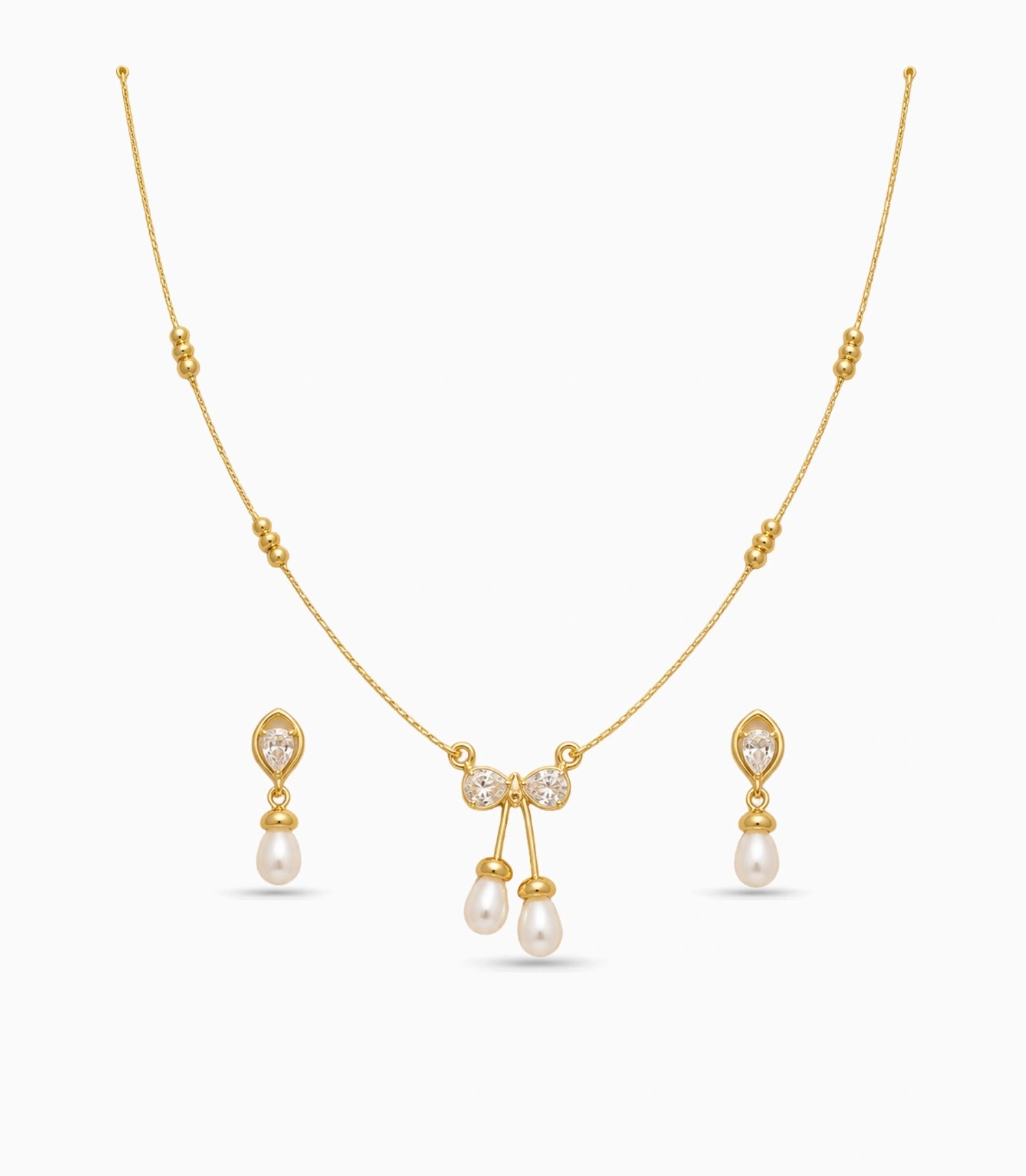 Gold Plated Delicate Pearl Drop CZ Chain Pendant Set