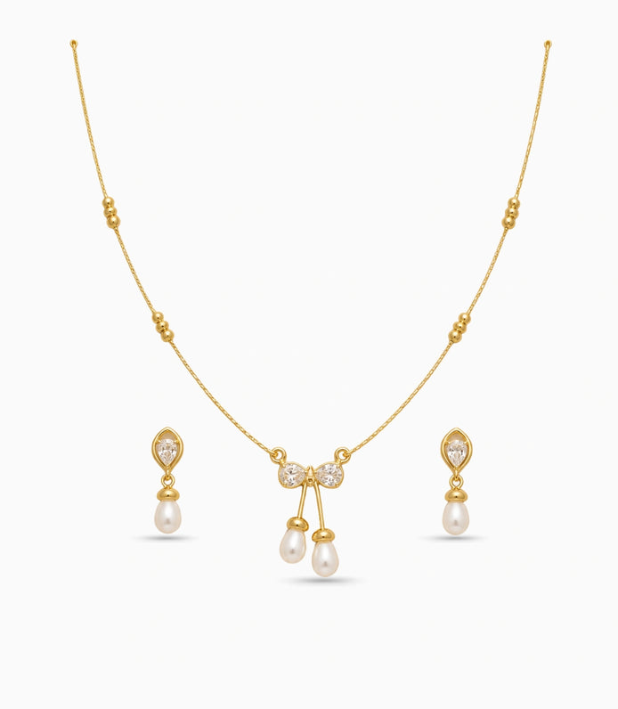 Gold Plated Delicate Pearl Drop CZ Chain Pendant Set