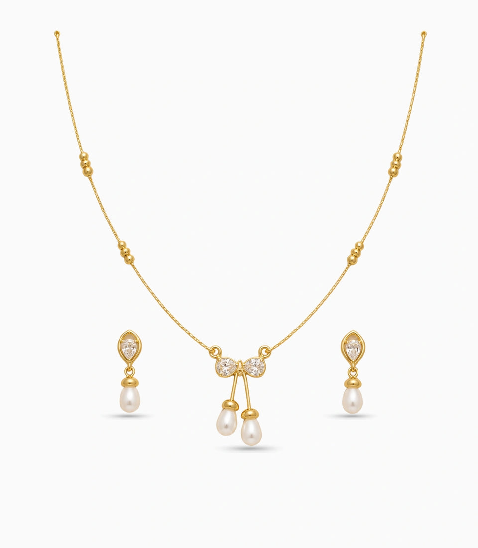 Gold Plated Delicate Pearl Drop CZ Chain Pendant Set
