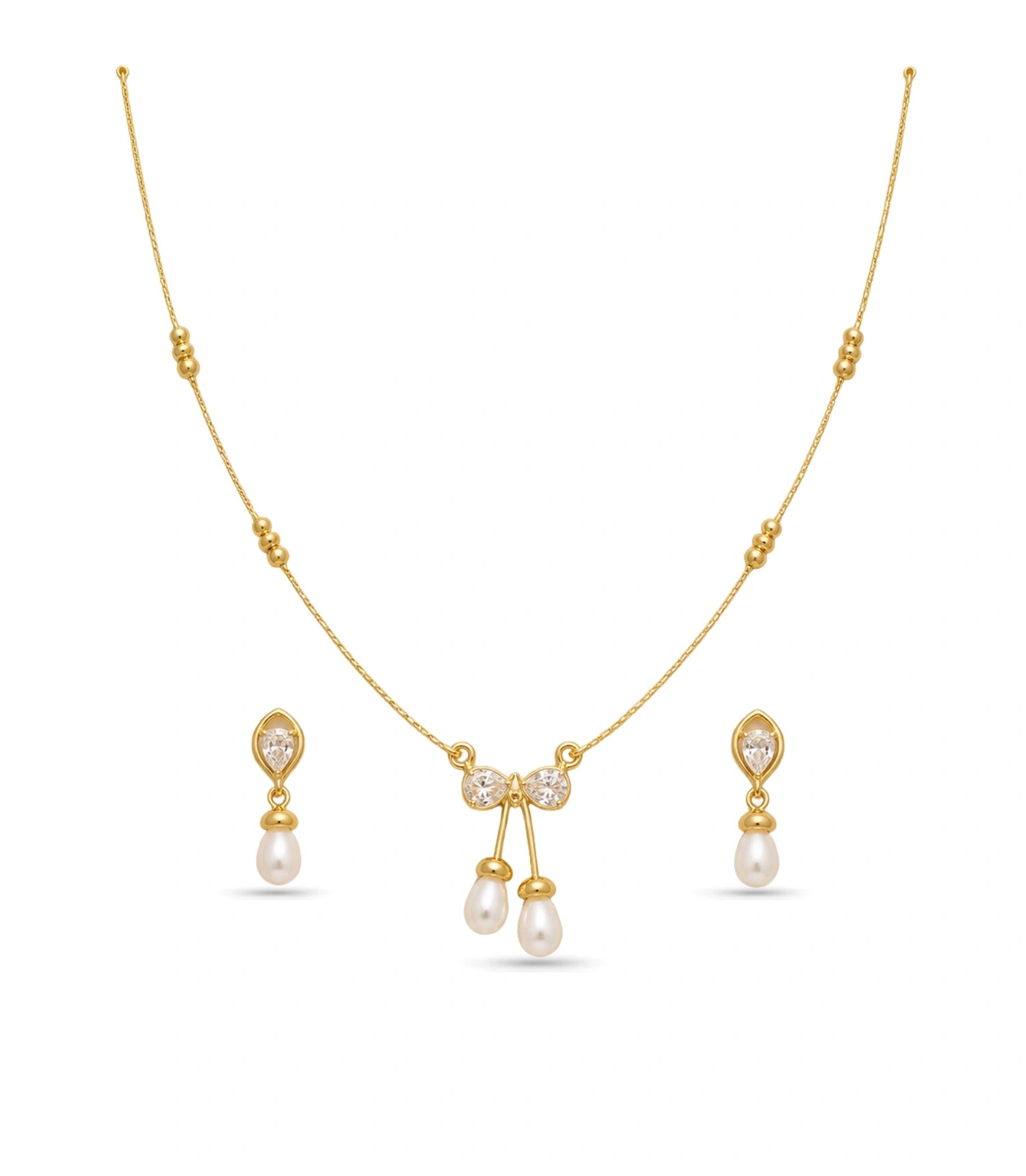 Gold Plated Delicate Pearl Drop CZ Chain Pendant Set