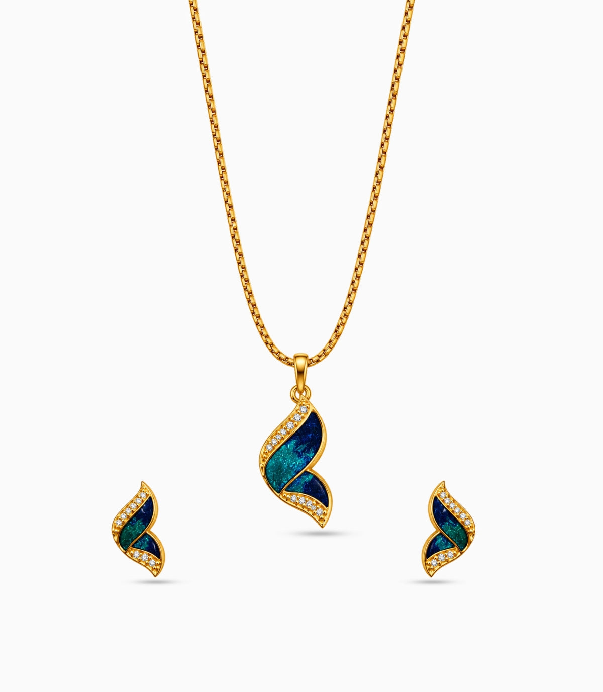 Gold Plated Blue Enamel Abstract Wing Chain Pendant Set