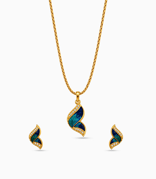 Gold Plated Blue Enamel Abstract Wing Chain Pendant Set