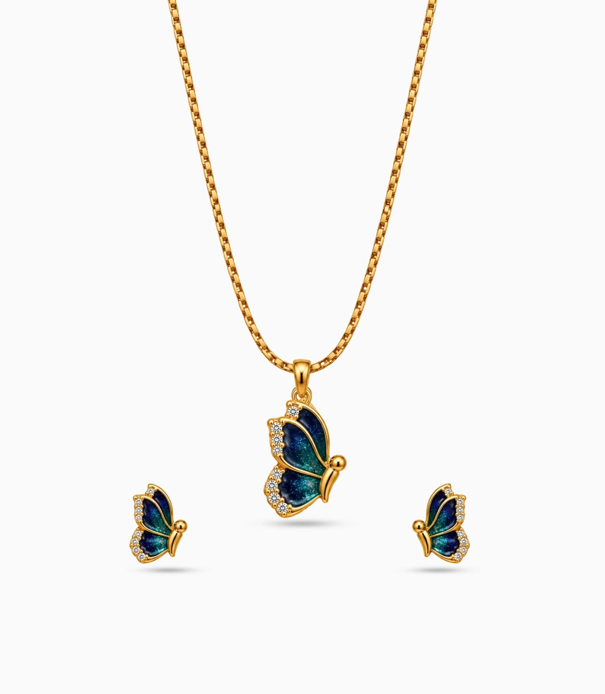 Gold Plated Blue Enamel Side-Profile Butterfly Chain Pendant Set