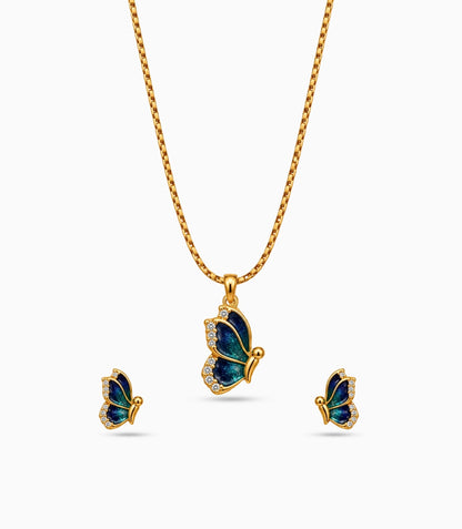 Gold Plated Blue Enamel Side-Profile Butterfly Chain Pendant Set