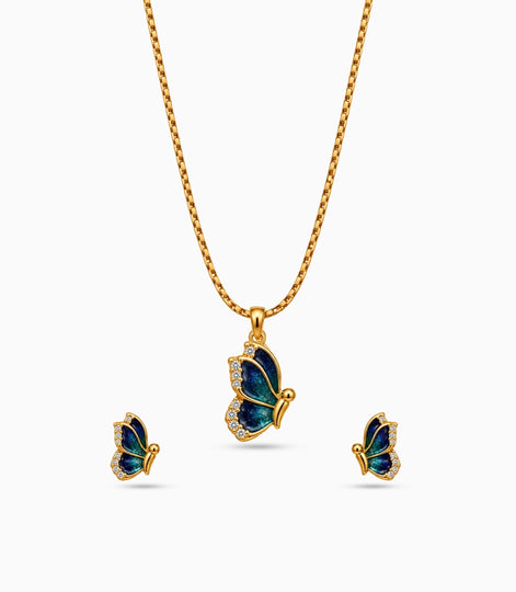 Gold Plated Blue Enamel Side-Profile Butterfly Chain Pendant Set