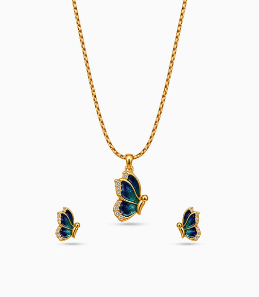 Gold Plated Blue Enamel Side-Profile Butterfly Chain Pendant Set