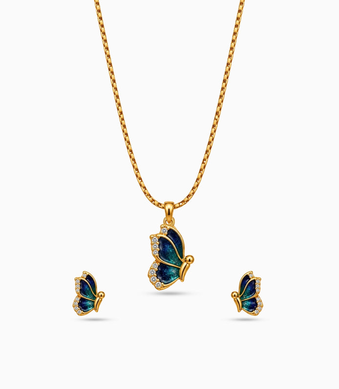 Gold Plated Blue Enamel Side-Profile Butterfly Chain Pendant Set