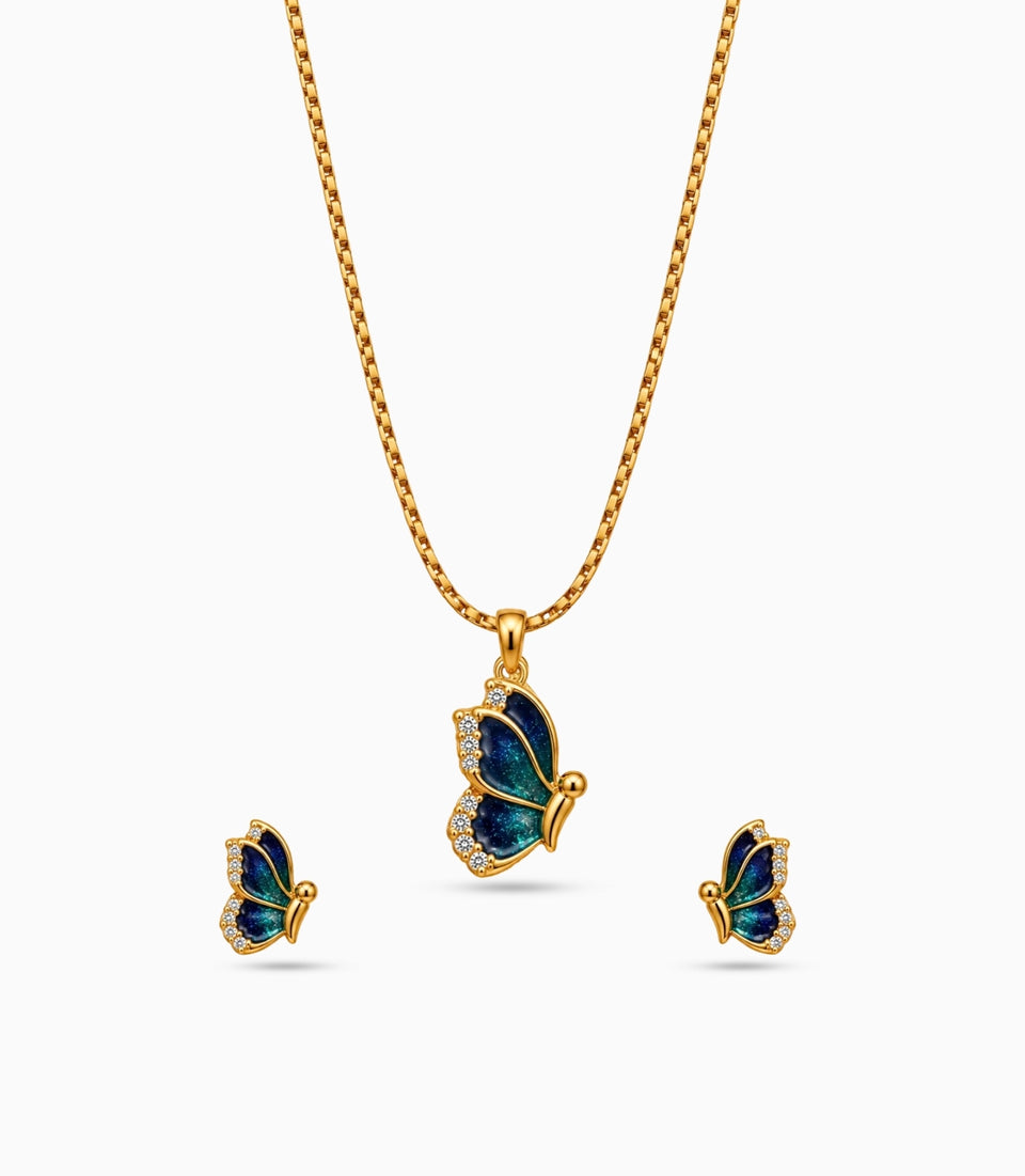 Gold Plated Blue Enamel Side-Profile Butterfly Chain Pendant Set
