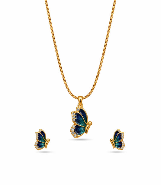Gold Plated Blue Enamel Side-Profile Butterfly Chain Pendant Set
