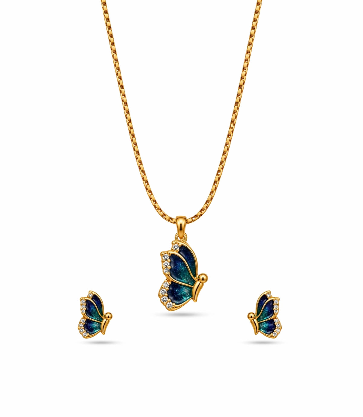 Gold Plated Blue Enamel Side-Profile Butterfly Chain Pendant Set