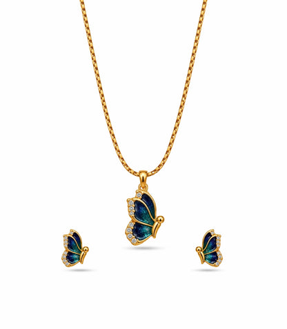 Gold Plated Blue Enamel Side-Profile Butterfly Chain Pendant Set