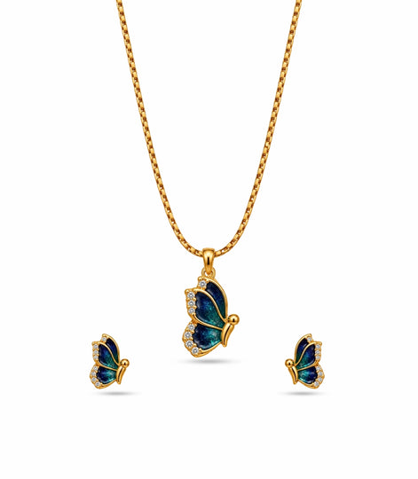 Gold Plated Blue Enamel Side-Profile Butterfly Chain Pendant Set