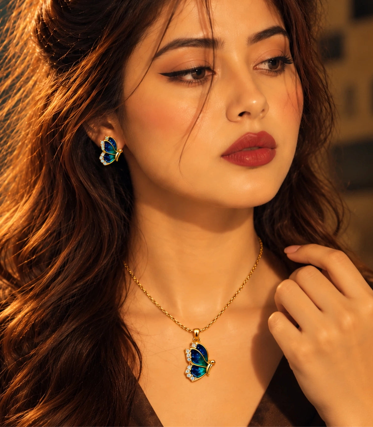 Gold Plated Blue Enamel Side-Profile Butterfly Chain Pendant Set