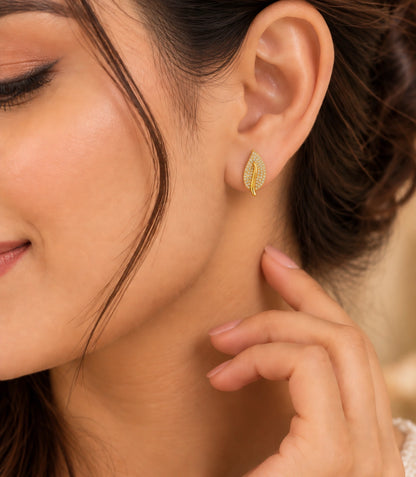 Gold Plated Leaf AD Stud Earrings