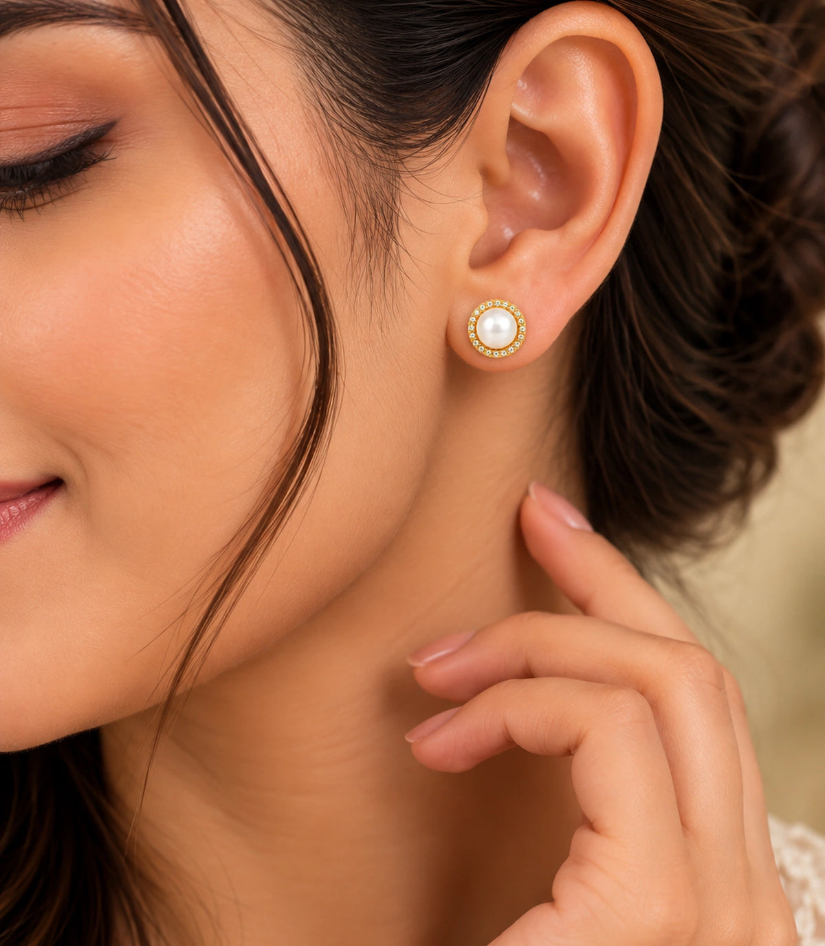 Gold Plated Small Pearl AD Stud Earrings