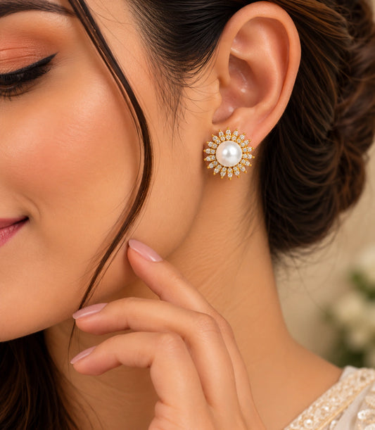 Gold Plated AD Small Pearl Stud Earrings
