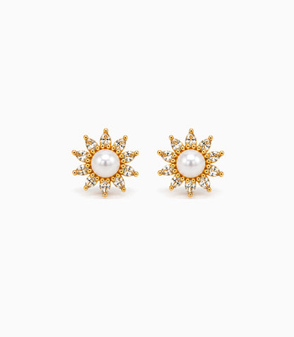 Gold Plated Floral Small AD Pearl Stud Earrings