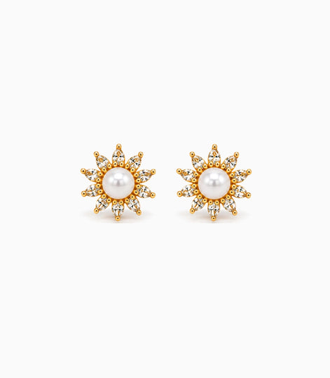 Gold Plated Floral Small AD Pearl Stud Earrings