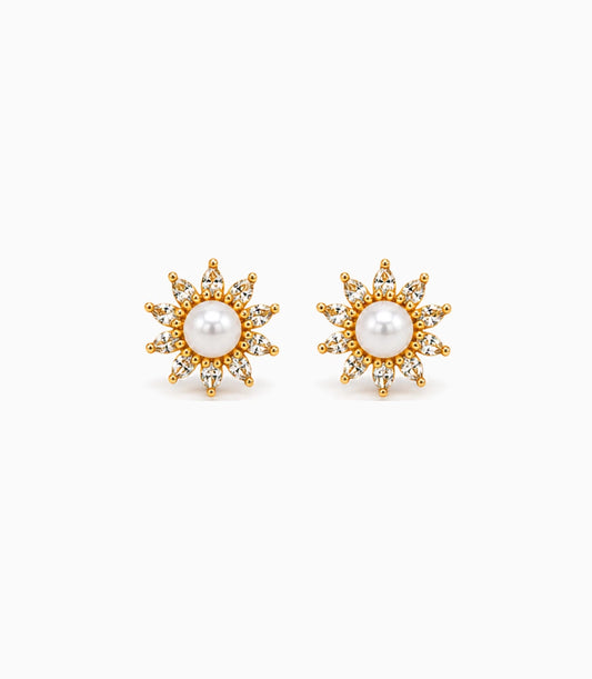 Gold Plated Floral Small AD Pearl Stud Earrings