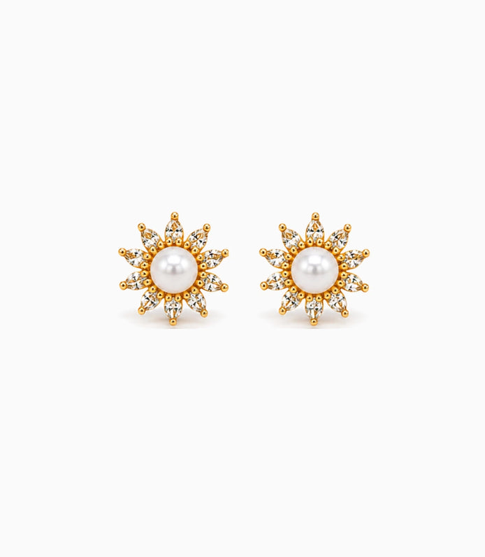 Gold Plated Floral Small AD Pearl Stud Earrings