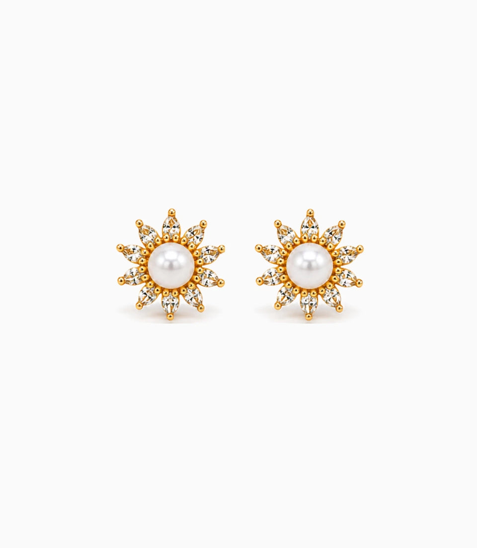 Gold Plated Floral Small AD Pearl Stud Earrings